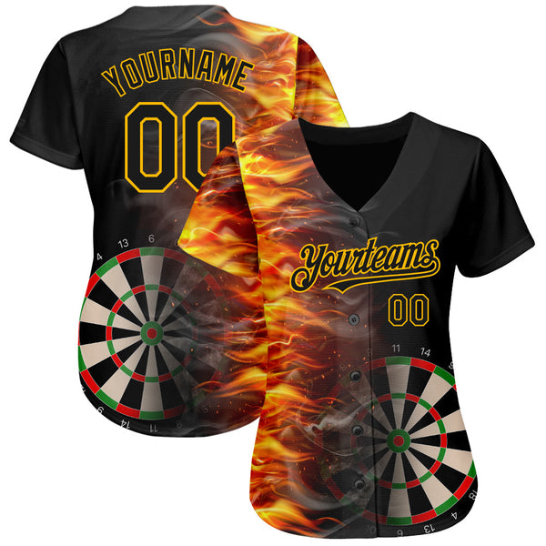 Custom Black Gold 3D Pattern Design Fiery Dart Board Authentic Baseball Jersey alternate