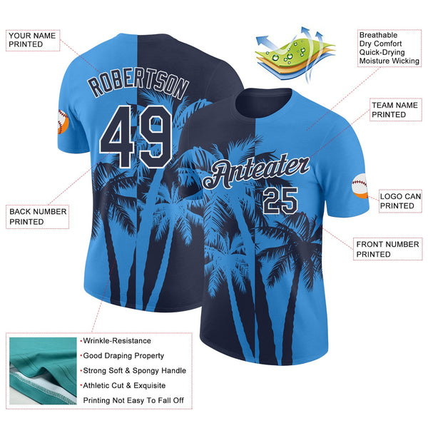 Custom Powder Blue Navy-White Hawaii Tropical Coastal Palm Trees Performance T-Shirt alternate