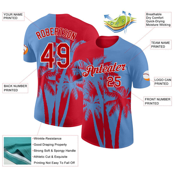 Custom Light Blue Red-White Hawaii Tropical Coastal Palm Trees Performance T-Shirt alternate
