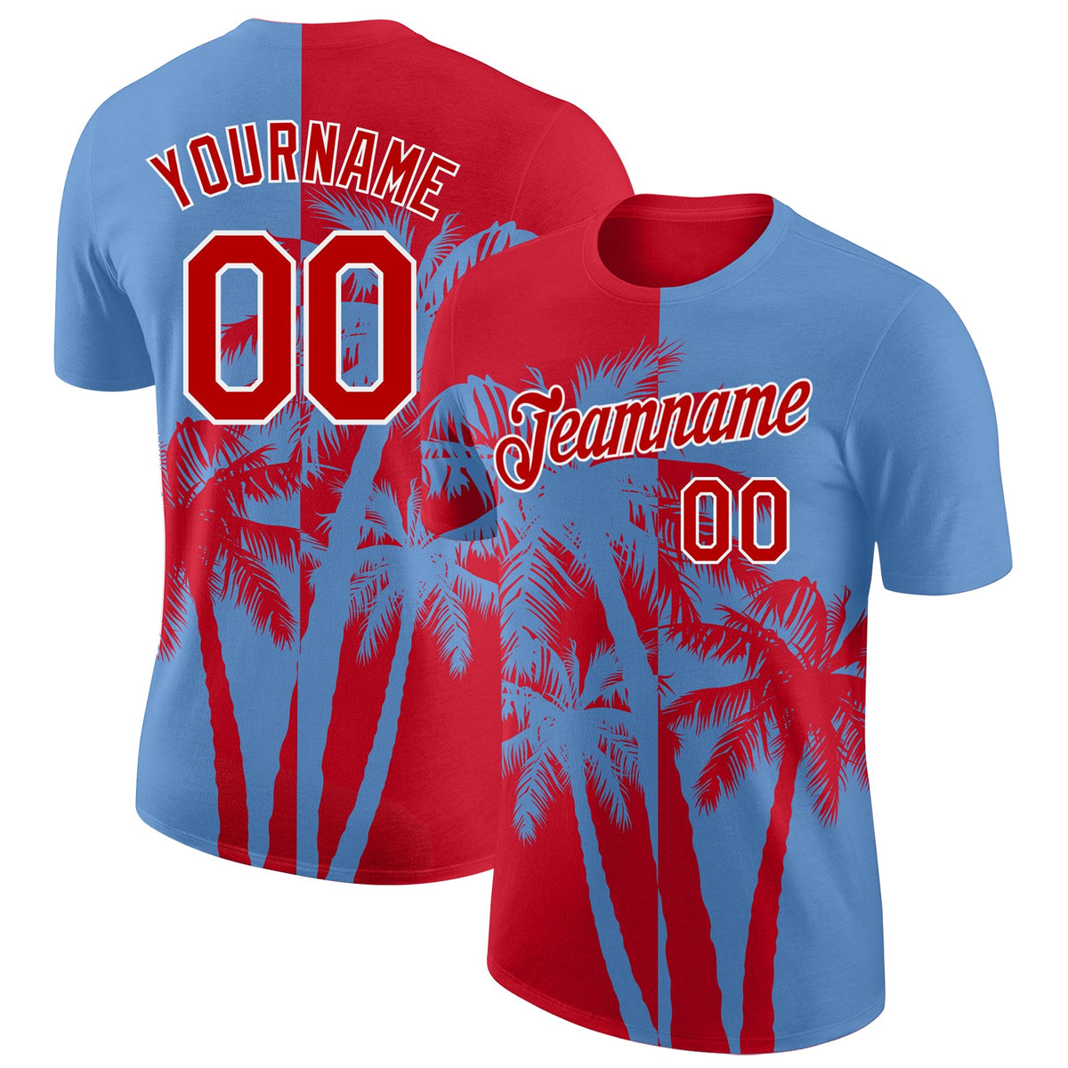 Custom Light Blue Red-White Hawaii Tropical Coastal Palm Trees Performance T-Shirt