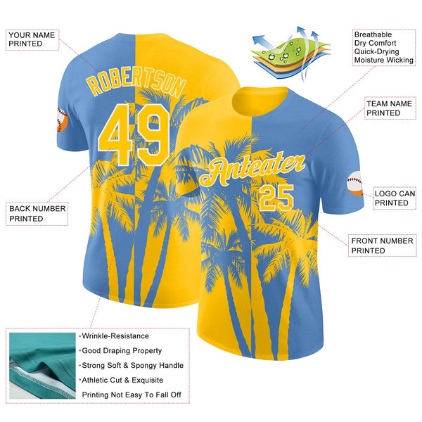 Custom Light Blue Yellow-White Hawaii Tropical Coastal Palm Trees Performance T-Shirt alternate