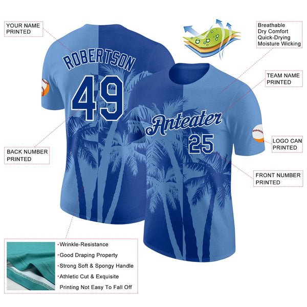 Custom Light Blue Royal-White Hawaii Tropical Coastal Palm Trees Performance T-Shirt alternate
