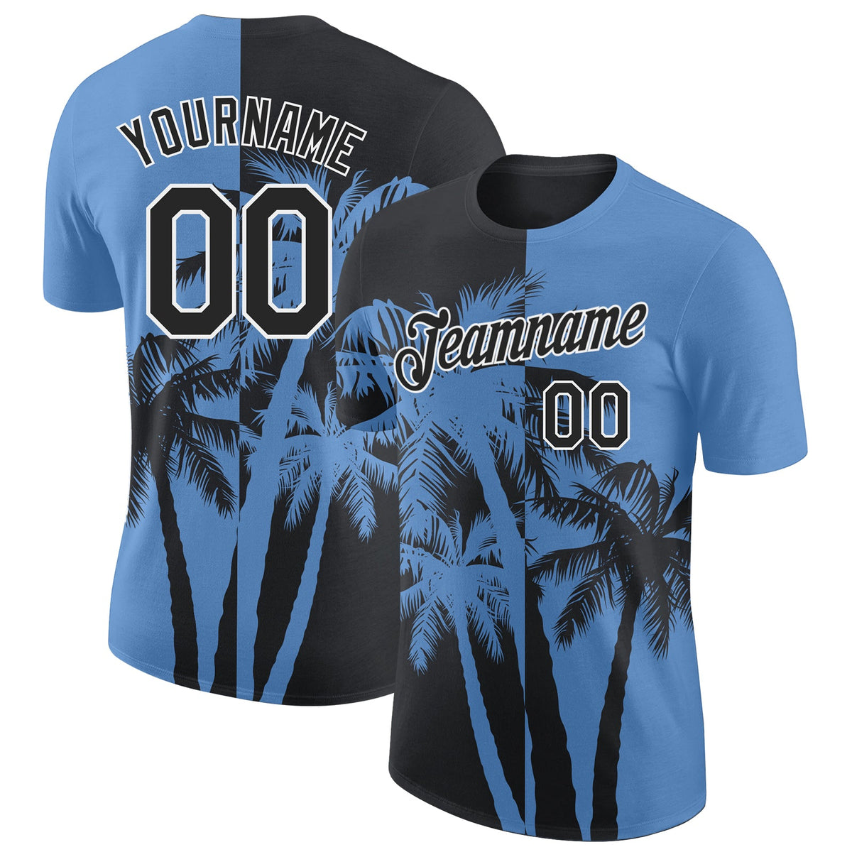 Custom Light Blue Black-White Hawaii Tropical Coastal Palm Trees Performance T-Shirt