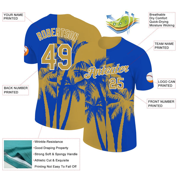 Custom Thunder Blue Old Gold-White Hawaii Tropical Coastal Palm Trees Performance T-Shirt alternate