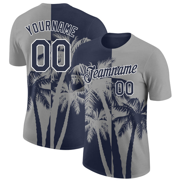 Custom Gray Navy-White Hawaii Tropical Coastal Palm Trees Performance T-Shirt