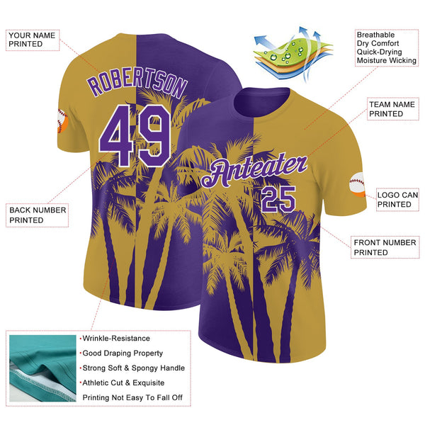 Custom Old Gold Purple-White Hawaii Tropical Coastal Palm Trees Performance T-Shirt alternate
