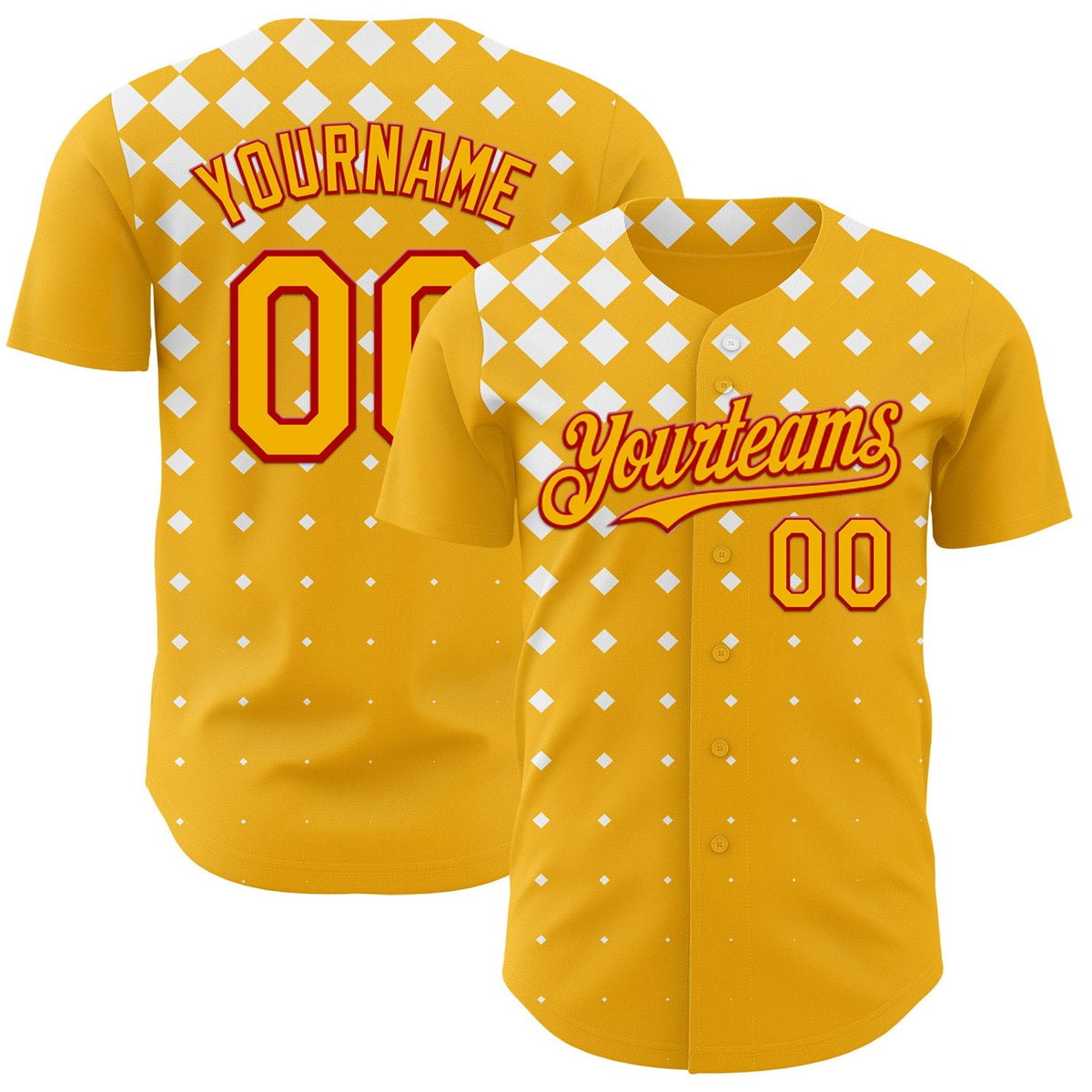 Custom Gold White-Red Geometric Diamond Grid Rhombus Authentic Baseball Jersey