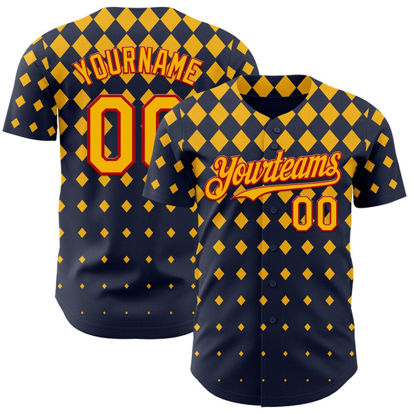 Custom Navy Gold-Red Geometric Diamond Grid Rhombus Authentic Baseball Jersey