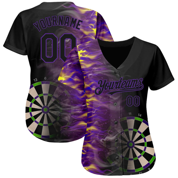 Custom Black Purple 3D Pattern Design Fiery Dart Board Authentic Baseball Jersey alternate