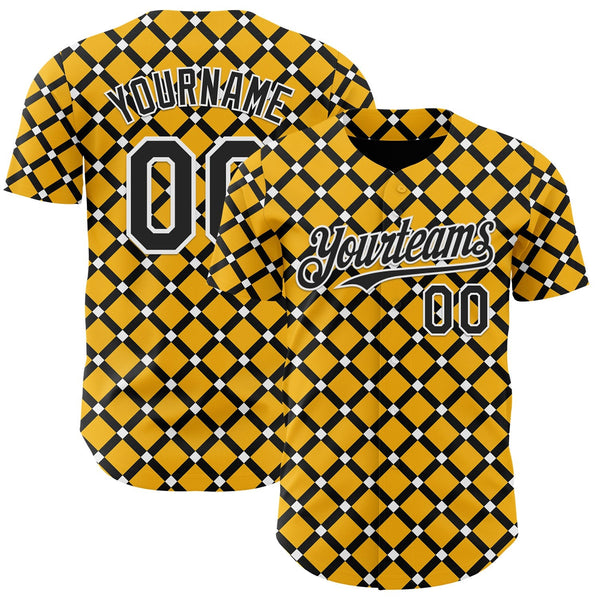 Custom Gold Black-White Geometric Diamond Grid Rhombus Authentic Baseball Jersey