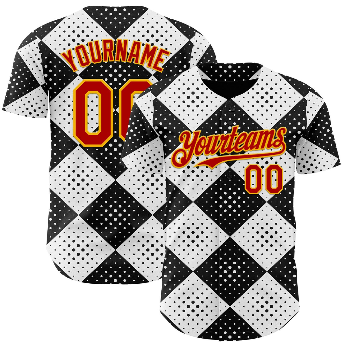 Custom Black Red White-Gold Geometric Diamond Grid Rhombus Polka Dots Authentic Baseball Jersey