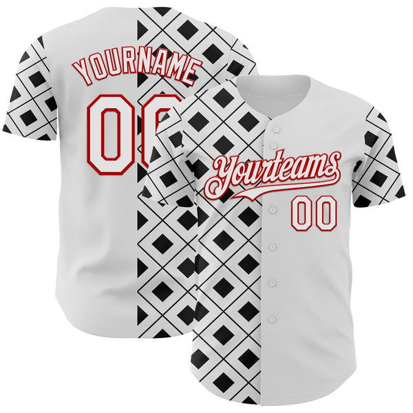 Custom White Black-Red Geometric Diamond Grid Rhombus Authentic Baseball Jersey