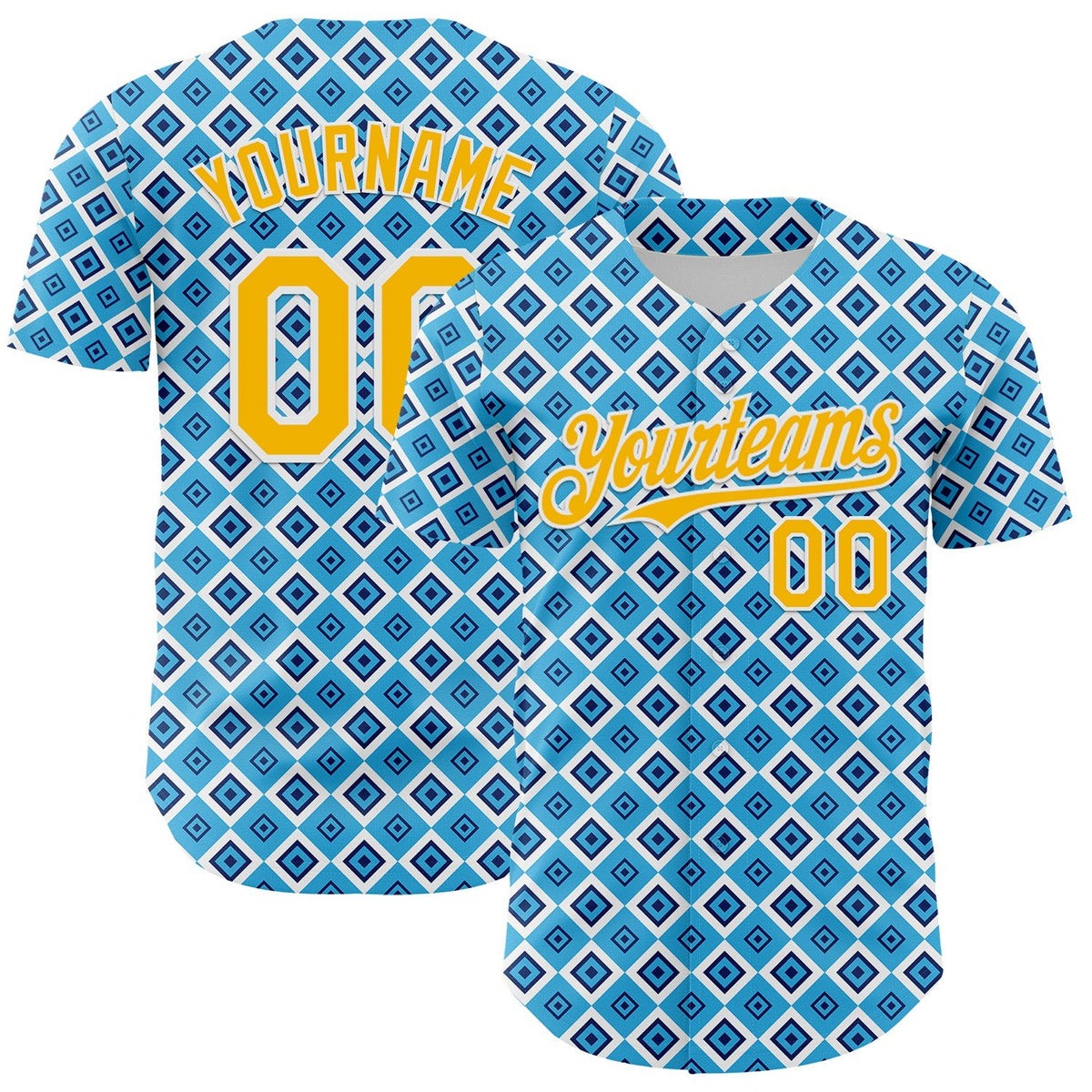 Custom Blue Gold-White Geometric Diamond Grid Rhombus Authentic Baseball Jersey