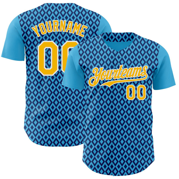 Custom Blue Gold-White Geometric Diamond Grid Rhombus Authentic Baseball Jersey