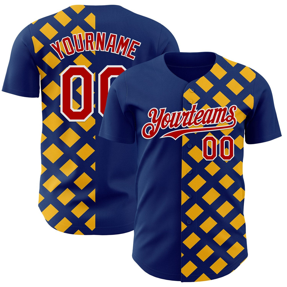 Custom US Navy Blue Red Gold-White Geometric Diamond Grid Rhombus Authentic Baseball Jersey