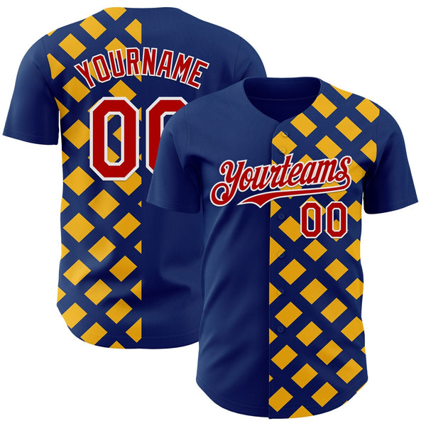 Custom US Navy Blue Red Gold-White Geometric Diamond Grid Rhombus Authentic Baseball Jersey
