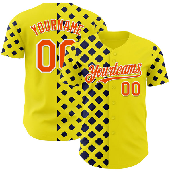 Custom Light Yellow Orange Navy-White Geometric Diamond Grid Rhombus Authentic Baseball Jersey