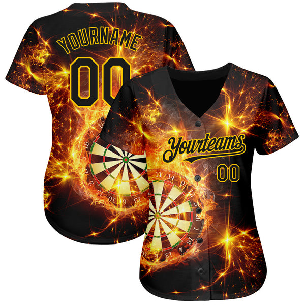 Custom Black Gold 3D Pattern Design Flame Dart Board Authentic Baseball Jersey alternate