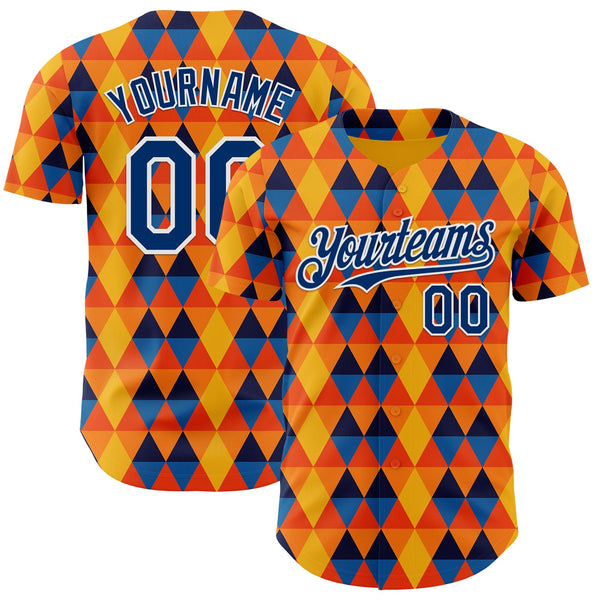 Custom Gold US Navy Blue Orange-White Geometric Diamond Grid Rhombus Authentic Baseball Jersey
