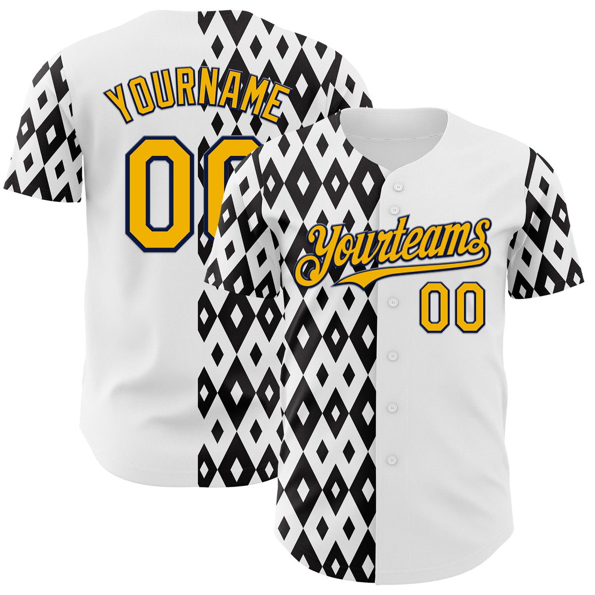 Custom White Gold Black-Navy Geometric Diamond Grid Rhombus Authentic Baseball Jersey