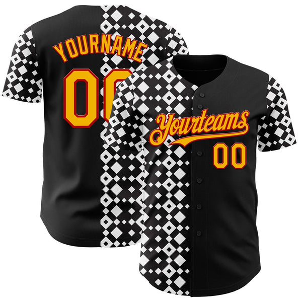 Custom Black Gold White-Red Geometric Diamond Grid Rhombus Authentic Baseball Jersey