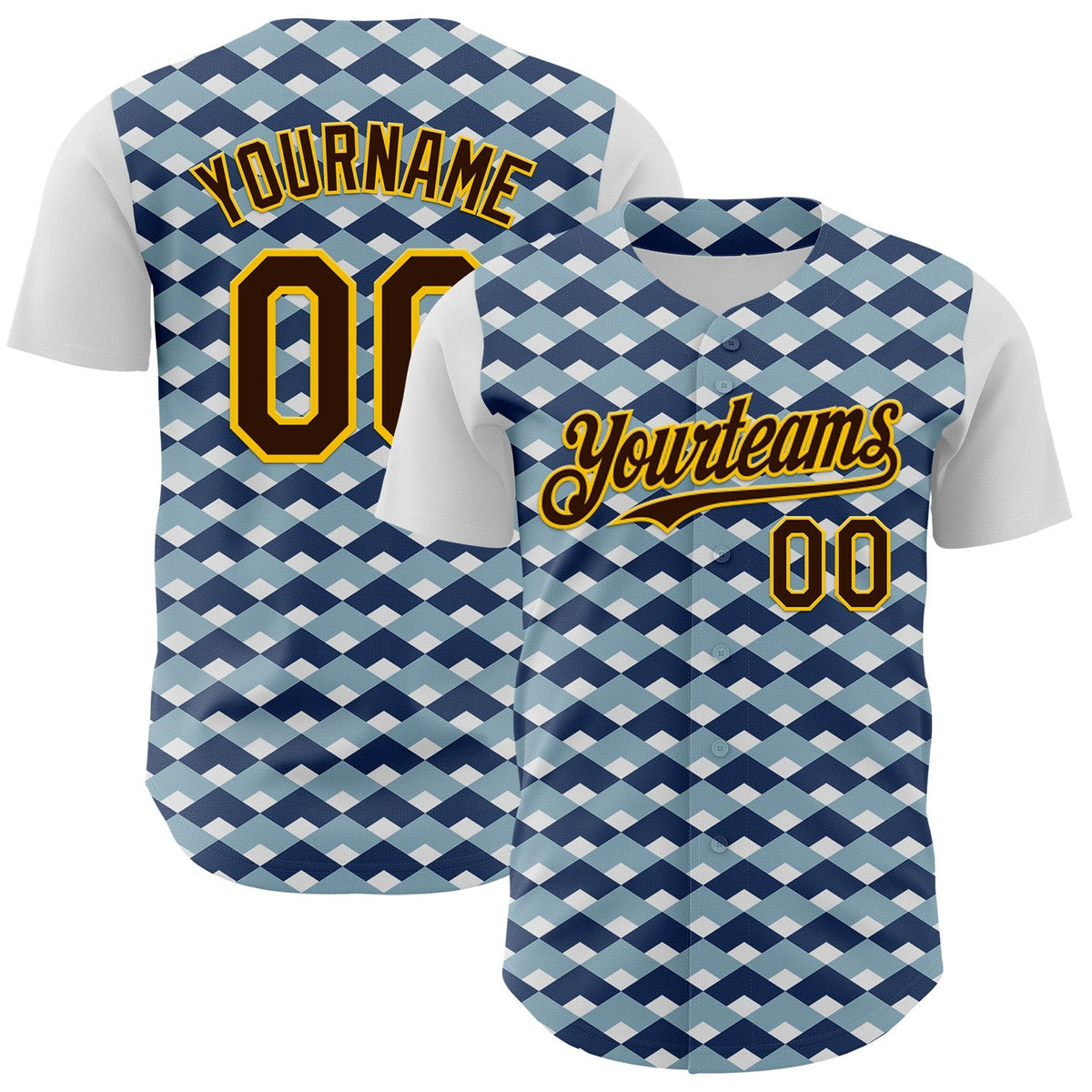 Custom White Brown Blue-Gold Geometric Diamond Grid Rhombus Authentic Baseball Jersey