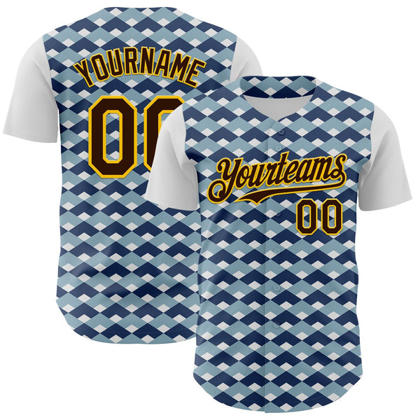 Custom White Brown Blue-Gold Geometric Diamond Grid Rhombus Authentic Baseball Jersey