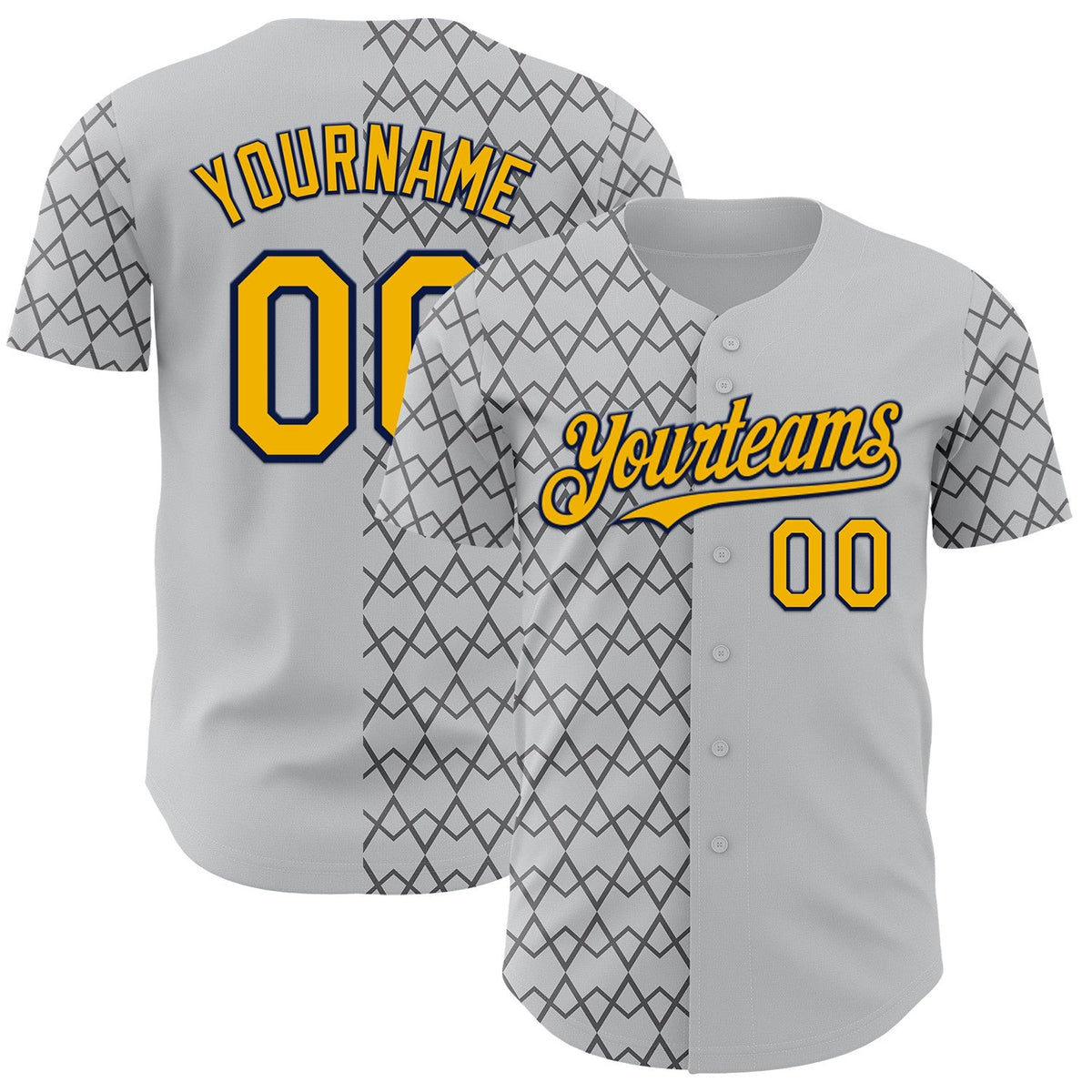 Custom Gray Gold-Navy Geometric Diamond Grid Rhombus Authentic Baseball Jersey