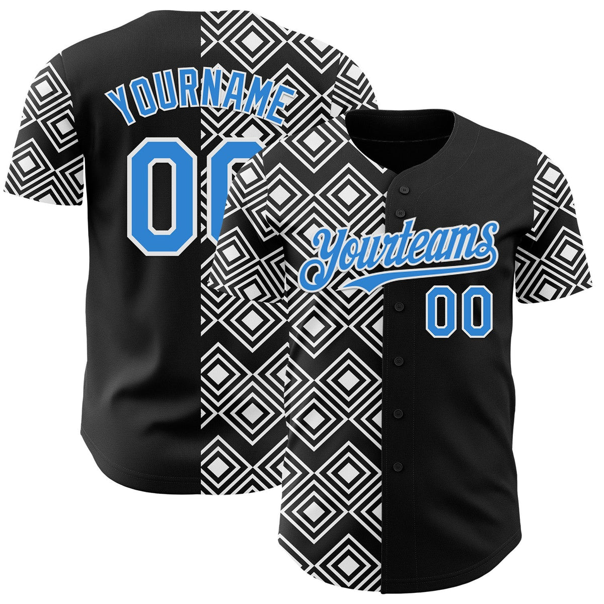 Custom Black Electric Blue-White Geometric Diamond Grid Rhombus Authentic Baseball Jersey