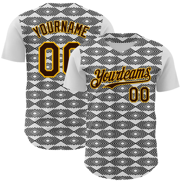 Custom White Brown Black-Gold Geometric Diamond Grid Rhombus Authentic Baseball Jersey