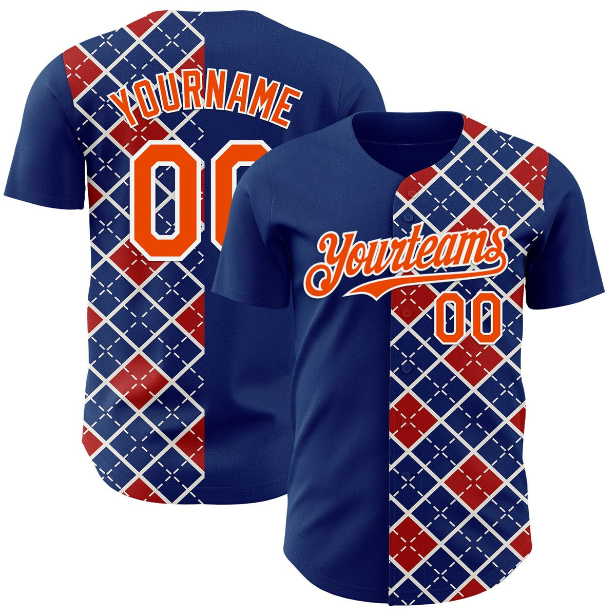 Custom US Navy Blue Orange Red-White Geometric Diamond Grid Rhombus Authentic Baseball Jersey