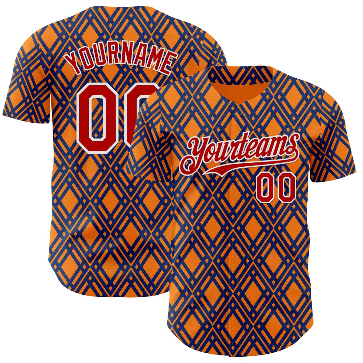 Custom Orange Red Blue-White Geometric Diamond Grid Rhombus Authentic Baseball Jersey