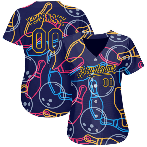 Custom Navy Gold 3D Pattern Design Bowling Authentic Baseball Jersey alternate