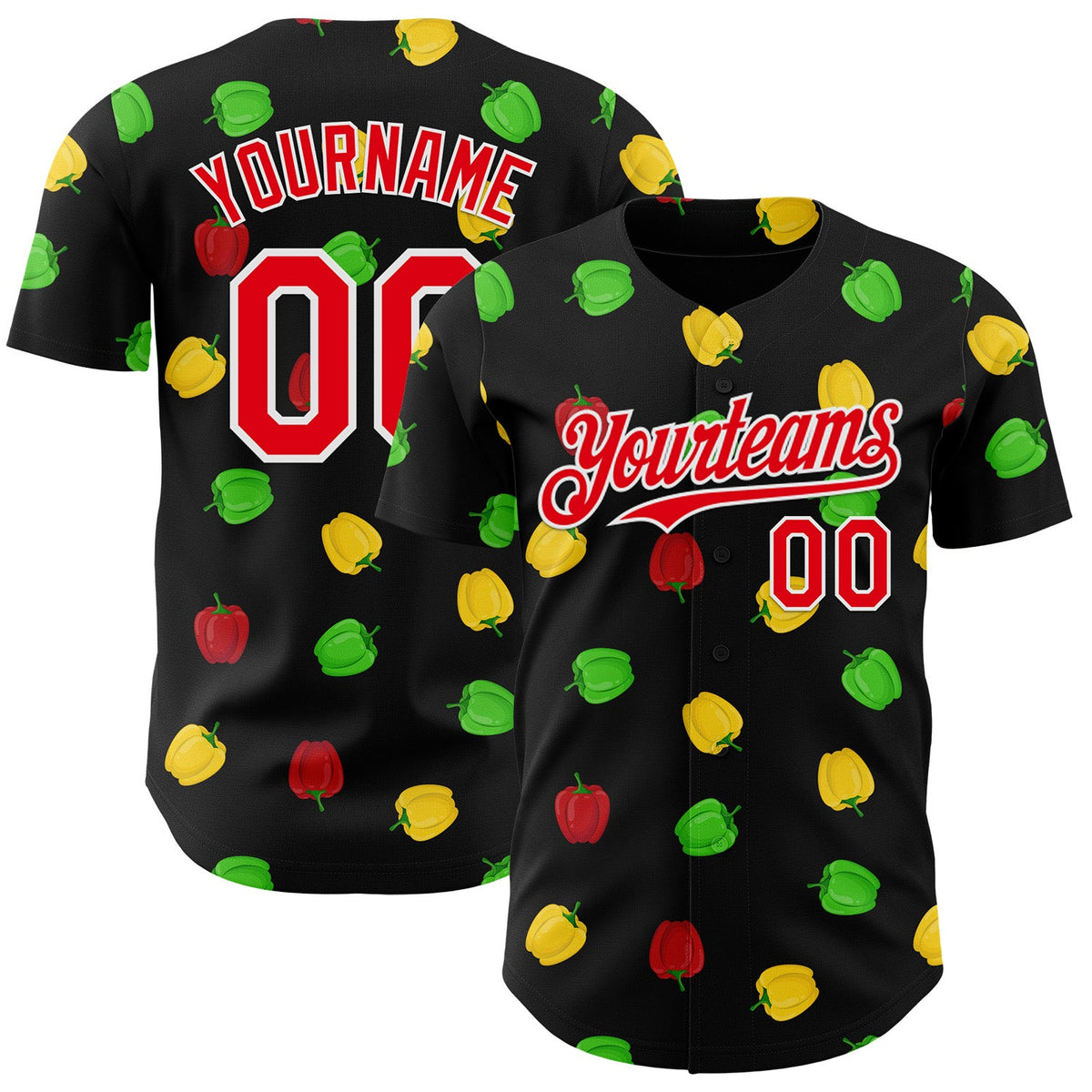 Custom Black Fire Red-White Foodie Bell Pepper Authentic Baseball Jersey