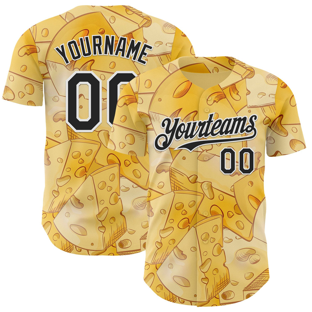 Custom Yellow Black-White Foodie Cheese Authentic Baseball Jersey