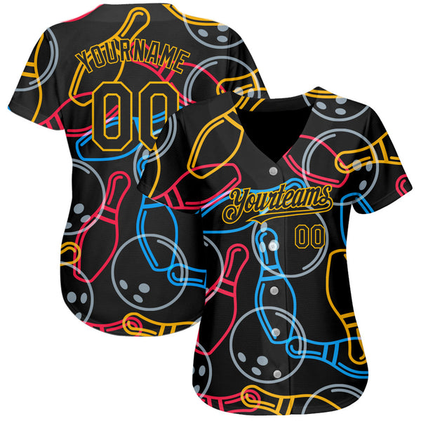 Custom Black Gold 3D Pattern Design Bowling Authentic Baseball Jersey alternate