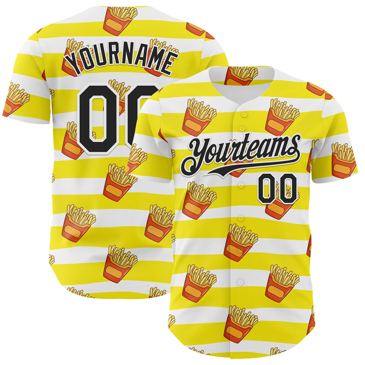 Custom Yellow Black-White Foodie Fries Authentic Baseball Jersey