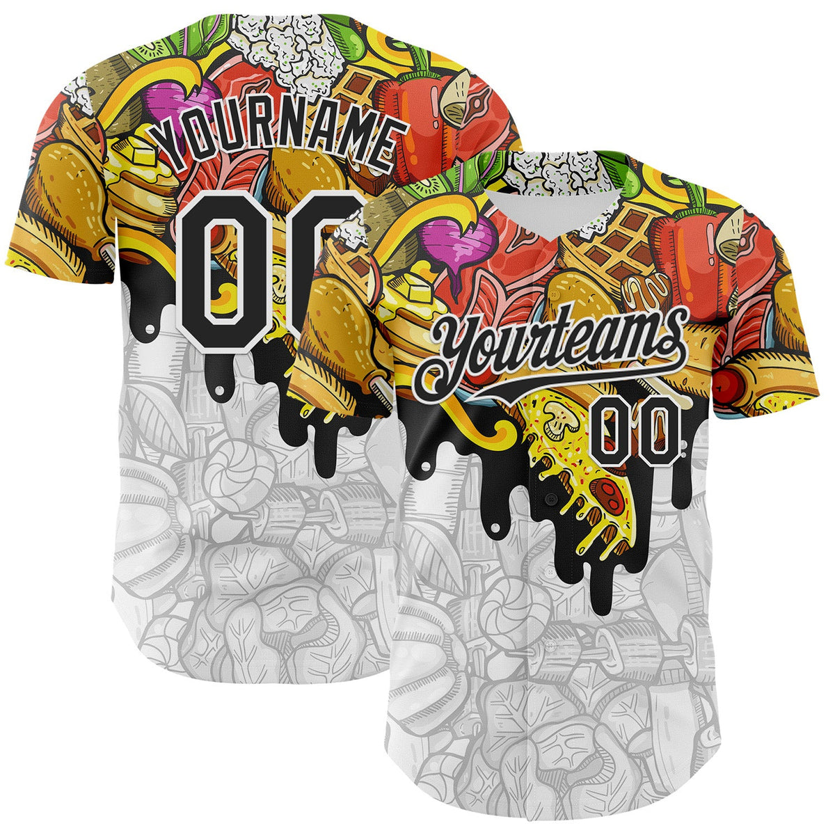 Custom White-Black Foodie American Cuisine Fast Food Burger Fries & Pizza Authentic Baseball Jersey