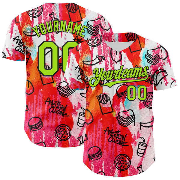 Custom Pink Neon Green-Black Foodie American Cuisine Fast Food Burger Fries & Pizza Authentic Baseball Jersey