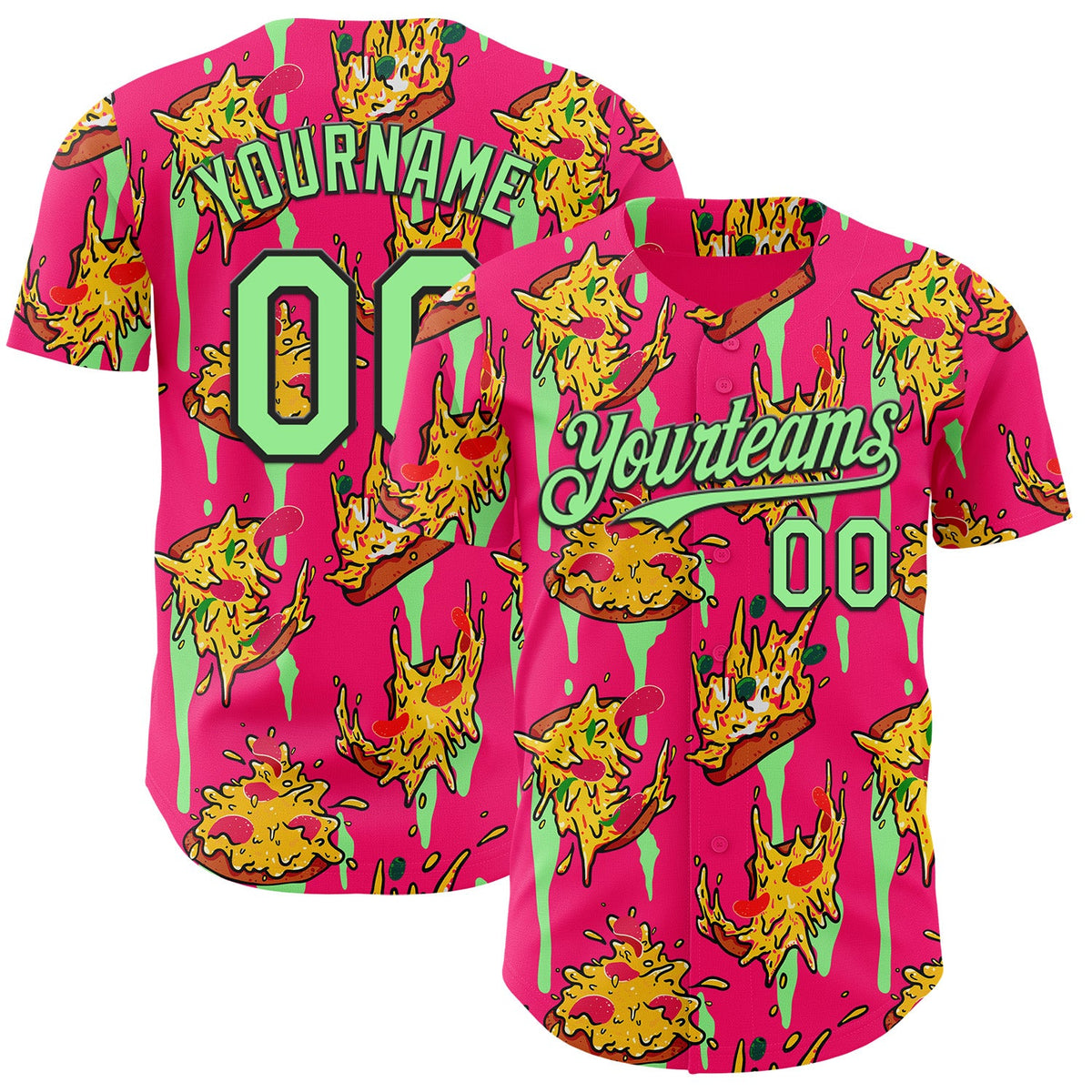 Custom Pink Pea Green-Black Foodie Pizza Authentic Baseball Jersey
