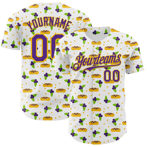 Custom White Purple-Gold Foodie Blueberry Pie Authentic Baseball Jersey