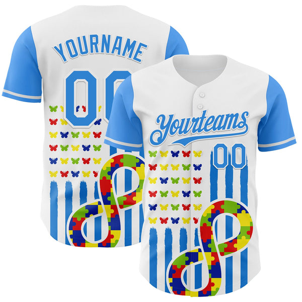 Custom White-Electric Blue Autism Awareness Support Puzzle Infinity Butterfly Authentic Baseball Jersey