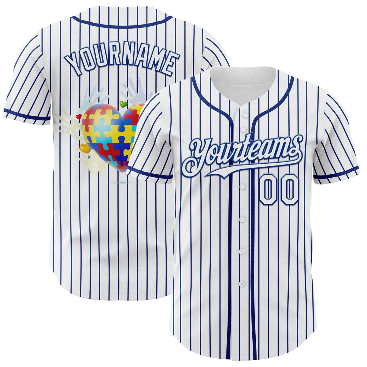 Custom White-Royal Autism Awareness Support Puzzle Infinity Heart Authentic Baseball Jersey