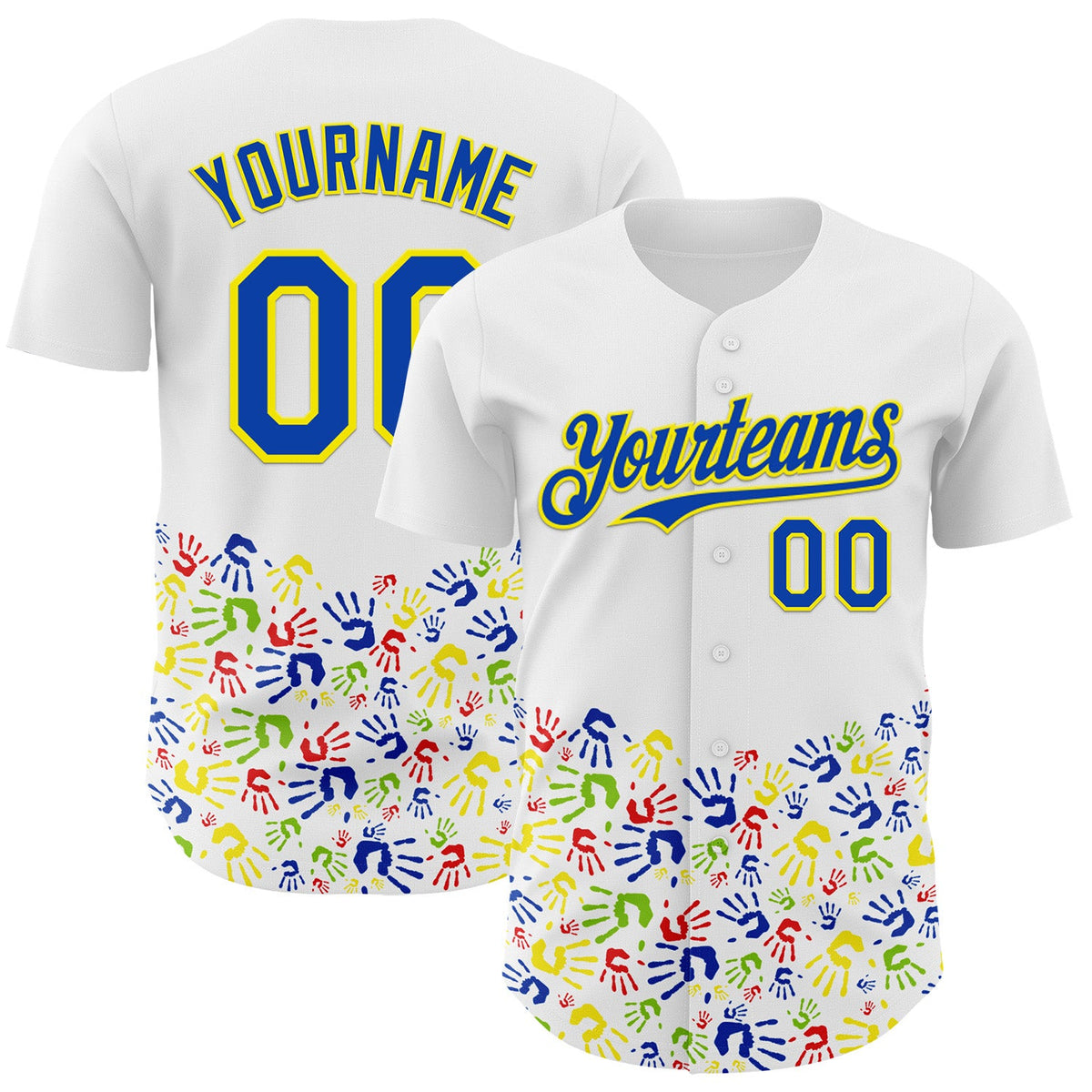 Custom White Thunder Blue-Light Yellow Autism Acceptance Handprint Rainbow Infinity Authentic Baseball Jersey