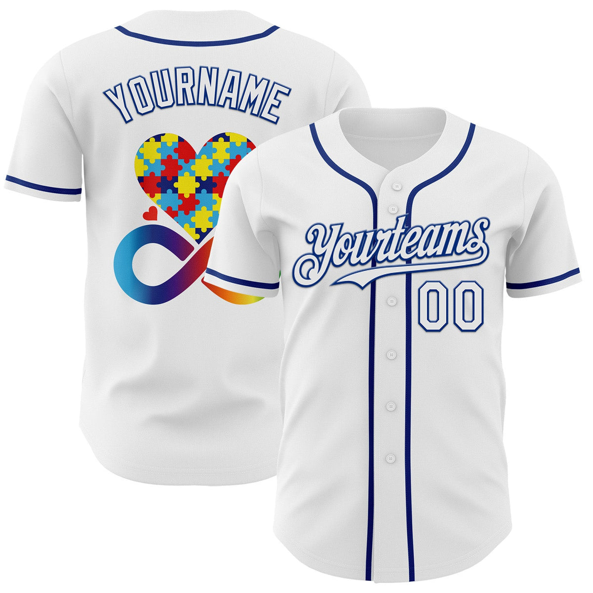 Custom White-Royal Autism Acceptance Puzzle Infinity Heart & Rainbow Authentic Baseball Jersey