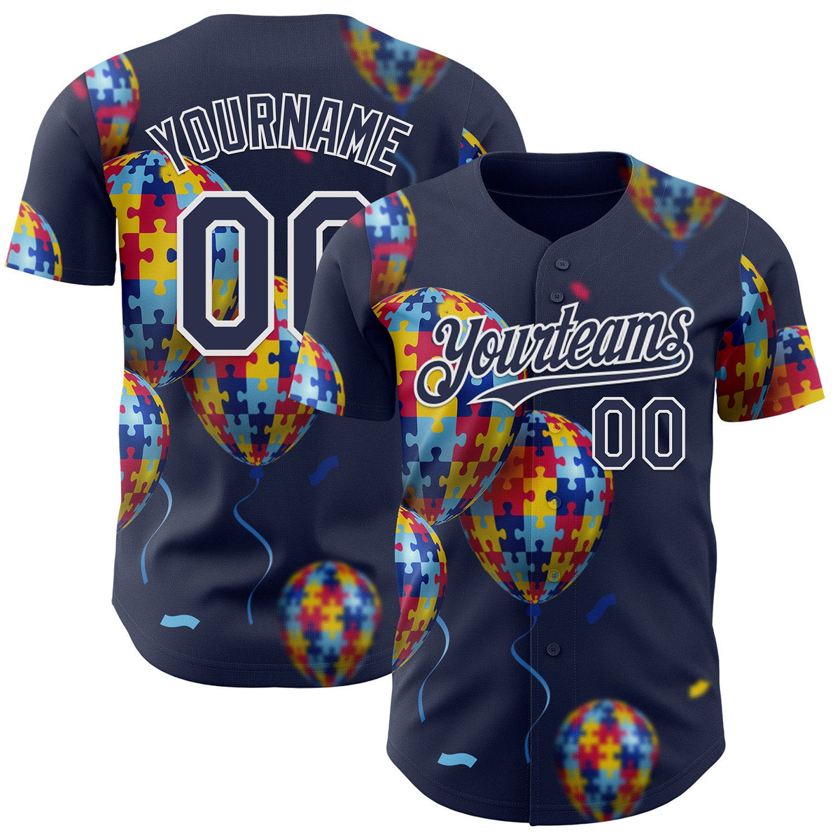 Custom Navy-White Autism Awareness Support Puzzle Infinity Balloon Authentic Baseball Jersey