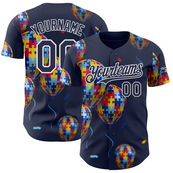 Custom Navy-White Autism Awareness Support Puzzle Infinity Balloon Authentic Baseball Jersey