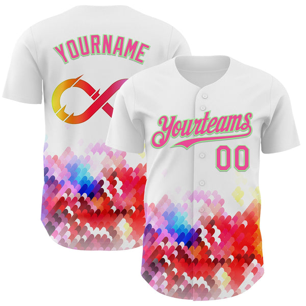 Custom White Pink-Pea Green Autism Acceptance Rainbow Infinity Authentic Baseball Jersey