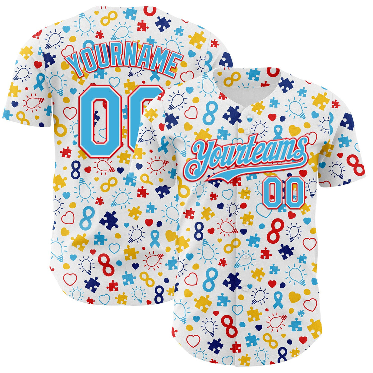Custom White Sky Blue-Fire Red Autism Awareness Puzzle Infinity Authentic Baseball Jersey