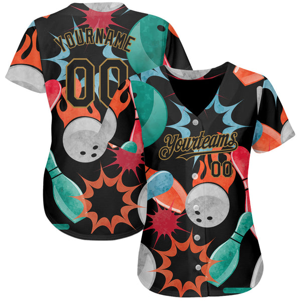 Custom Black Old Gold 3D Pattern Design Bowling Authentic Baseball Jersey alternate